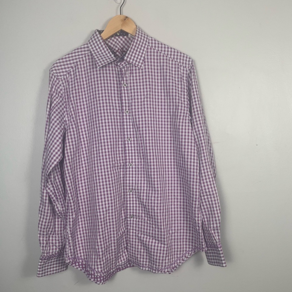 Robert Graham purple gingham long sleeve button down floral sleeves size large